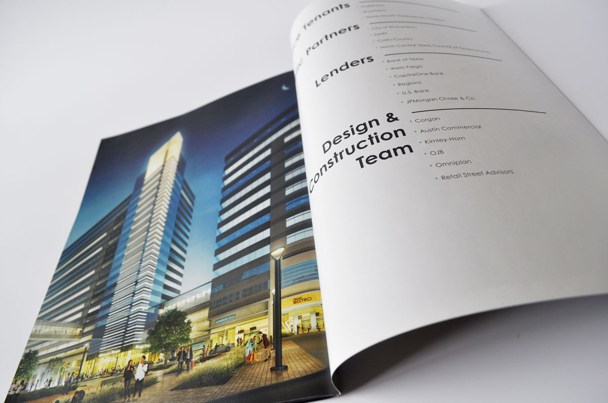 A spread featuring an architectural visualization of the project, as well as credits to the companies involved.