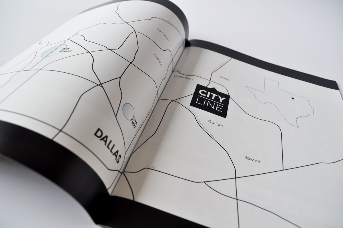 Cityline Tour Book: a spread featuring a drawn map of Dallas and the project's location.